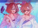  2girls ahoge animal_ears blush breasts brown_hair can closed_eyes collared_shirt crown ear_piercing hairband highres holding holding_can horse_ears looking_at_another meisho_doto_(umamusume) mini_crown multiple_girls open_clothes open_mouth open_shirt opera_glasses orange_hair piercing sanya_(artist) school_swimsuit shirt short_hair small_breasts smile sunglasses swimsuit t.m._opera_o_(umamusume) umamusume wavy_mouth white_shirt 