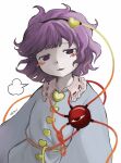  1girl absurdres blush_stickers commentary hayakumo_(okura_oishiiii) heart highres komeiji_satori long_sleeves looking_at_viewer messy_hair parted_lips purple_eyes purple_hair short_hair sigh signature simple_background smug solo symbol-only_commentary third_eye touhou upper_body white_background zun_(style) 