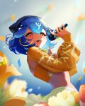  1girl absurdres bao_(vtuber) bao_(vtuber)_(5th_costume) beret black_headwear blonde_hair blue_hair blurry blurry_background cetacean_tail crop_top falling_petals fins fish_tail flower hat highres holding holding_microphone indie_virtual_youtuber microphone multicolored_hair open_mouth orange_eyes orange_flower orange_sweater orange_tulip petals red_flower red_tulip ribbon short_hair skirt solo streaked_hair sweater tail tulip virtual_youtuber whale_girl yellow_ribbon yellow_skirt yuarima2 