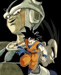  3boys absurdres armor black_eyes black_hair blue_sash blue_wristband closed_mouth dougi dragon_ball dragon_ball_z eegiiartto evil_smile frieza highres lipstick looking_at_viewer makeup male_focus multiple_boys red_eyes sash serious smile son_goku vegeta 