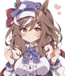  1girl animal_ears bare_shoulders blush bow bowtie brown_hair cabbie_hat commentary ears_through_headwear ei_ei_mun! hair_ornament hairclip hat heart hi_(pontolfo) highres horse_ears horse_girl looking_at_viewer matikane_tannhauser_(umamusume) multicolored_hair simple_background smile solo streaked_hair umamusume upper_body white_background white_hair yellow_eyes 