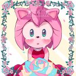  1boy 1girl amy_rose animal_ears animal_nose aqua_eyes artist_name bare_shoulders black_eyes blue_flower blue_fur blue_rose blush breasts closed_mouth crying crying_with_eyes_open dress eye_reflection ezume_(rosehip) flower furry furry_female furry_male hedgehog hedgehog_ears hedgehog_girl highres leaf looking_at_another medium_breasts multicolored_flower multicolored_rose open_mouth petals pink_flower pink_fur pink_rose red_dress reflection rose sleeveless sleeveless_dress smile sonic_(series) sonic_the_hedgehog standing tears white_background yellow_eyes yellow_flower yellow_rose 