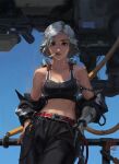  1girl belt black_eyes black_pants blue_sky cigarette day grey_hair highres kan_liu_(666k) looking_at_viewer original outdoors pants prosthesis prosthetic_arm science_fiction sky solo sports_bra 