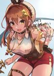  1girl atelier_(series) atelier_ryza atelier_ryza_3 belt bent_over braid breast_pocket breasts brown_belt brown_gloves brown_hair brown_thighhighs brown_vest choker cleavage clover_hair_ornament crown_braid dangle_earrings earrings gloves hair_ornament hand_on_own_hip highres hirotaka_(hrtk990203) jewelry key_necklace large_breasts leather leather_gloves multiple_bracelets multiple_necklaces necklace pocket red_shorts reisalin_stout short_shorts shorts single_glove sleeveless sleeveless_jacket solo star_(symbol) star_choker star_earrings star_necklace thighhighs translation_request vest white_headwear yellow_eyes 