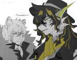  2boys absurdres animal_ears arknights artist_name dragon_boy english_commentary furry furry_male furry_with_non-furry highres interspecies lee_(arknights) leopard_boy leopard_ears looking_at_viewer m_inseokmin multicolored_hair multiple_boys open_mouth pointy_ears profile round_eyewear silverash_(arknights) 