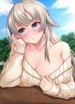 1girl ahoge blush breasts cleavage closed_mouth collarbone day fingernails grey_eyes grey_hair highres kantai_collection large_breasts long_hair long_sleeves off-shoulder_sweater off_shoulder outdoors ribbed_sweater ruin_re_birth solo sweater upper_body washington_(kancolle) white_sweater 