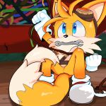  1boy blue_eyes english_commentary fang furry furry_male gloves goggles goggles_on_head highres looking_up male_focus mouth_hold multiple_tails orange_fur pillynaps solo sonic_(series) tail tails_(sonic) two_tails white_footwear white_gloves wrench 