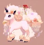  absurdres brown_background flabebe flower flower_on_head galarian_ponyta highres holding holding_flower horns horse long_hair low-tied_long_hair pokemon pokemon_(creature) simple_background single_horn sparkle su_(sajo_su5) white_hair wide_oval_eyes 
