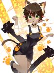  1girl animal animal_ears bell black_cat black_overalls brown_hair cat cat_ears cat_girl cat_tail choker collarbone cropped_legs dot_mouth dot_nose green_eyes hairband highres looking_at_viewer multicolored_hair neck_bell original overalls parted_lips paw_print pink_hair shirt short_hair solo standing standing_on_one_leg streaked_hair tail toconikky two-tone_hair white_hairband white_shirt 