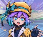  1girl :d black_bodysuit black_gloves blush bodysuit bow brown_choker choker confetti fingerless_gloves gloves green_bow green_eyes green_hair hair_between_eyes hat hat_bow jacket league_of_legends lux_(league_of_legends) multicolored_background open_clothes open_jacket open_mouth phantom_ix_row pink_hair smile solo soul_fighter_lux teeth upper_body yellow_headwear yellow_jacket 