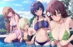  4girls :o aqua_eyes asaka_karin bikini black_hair blonde_hair blue_bikini blue_eyes blue_sky blurry blurry_background blush breasts brown_hair cleavage closed_mouth cloud collarbone commentary day depth_of_field drill_hair emma_verde eyewear_on_head flower freckles frilled_bikini frills green_bikini grin hair_flower hair_ornament hair_over_one_eye hairclip hand_up index_finger_raised jewelry konoe_kanata large_breasts long_hair looking_at_another looking_at_viewer love_live! love_live!_nijigasaki_high_school_idol_club low_twintails medium_hair mia_taylor mole mole_on_collarbone multiple_girls navel necklace outdoors partially_submerged pool purple_bikini purple_eyes purple_sarong sarong shamakho short_hair sitting sky small_breasts smile soaking_feet stomach striped striped_bikini sunglasses swimsuit tankini twin_drills twintails underboob upper_body wading water wet 