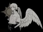  1boy angel_wings belt black_belt black_pants closed_mouth collared_shirt expressionless feathered_wings greyscale hands_in_pockets highres kmkmkmkm looking_at_viewer male_focus monochrome nagisa_kaworu neon_genesis_evangelion pants red_eyes shirt short_hair short_sleeves solo white_hair white_shirt white_wings wings 