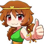  1girl :3 breasts brown_hair circlet closed_mouth dress english_commentary green_dress long_hair looking_at_viewer lowres multicolored_clothes multicolored_dress no_nose rakkidei red_eyes simple_background single_sleeve single_strap smile solo son_biten thumbs_up touhou twintails unfinished_dream_of_all_living_ghost upper_body white_background white_sleeves yellow_dress 