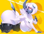  absol absurd_res anthro big_breasts breasts bunnemilk butt claws female finger_claws fur generation_3_pokemon hair hair_over_eye hi_res nintendo one_eye_obstructed pokemon pokemon_(species) red_eyes simple_background solo tail thick_thighs white_body white_fur white_hair 
