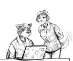  2023 anthro canid canine canis clothing computer domestic_dog duo female hair hair_bun hi_res hladilnik laptop male mammal military_uniform monochrome procyonid raccoon samantha_thott smile tail tail_motion tailwag tired uniform 