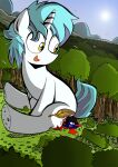  blood blood_on_hand blue_body blue_mane bodily_fluids butt butt_crush cutie_mark duo equid equine feral forest hasbro hi_res horn horse labba94 macro male mammal mane my_little_pony open_mouth outside plant pony shocked sitting sitting_on_another size_difference snap_feather tree unicorn white_body 