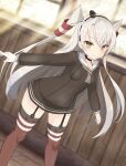  1girl amatsukaze_(kancolle) black_panties brown_dress brown_eyes dress dutch_angle feet_out_of_frame garter_straps gloves hair_tubes hat highres kantai_collection leaning_forward lifebuoy lifebuoy_ornament long_hair looking_at_viewer mini_hat nazono_neko panties red_thighhighs sailor_dress see-through see-through_dress short_dress single_glove smokestack_hair_ornament solo thighhighs two_side_up underwear white_gloves white_hair 