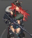  1girl animal_ears belt beowulf_(girls&#039;_frontline) braid contrapposto covered_nipples fake_animal_ears girls&#039;_frontline green_eyes gun hat highres leg_tattoo long_hair looking_at_viewer nail_polish no_bra red_hair rifle see-through serious short_shorts shorts simple_background solo soono_(rlagpfl) tattoo torn_clothes trigger_discipline twin_braids weapon 