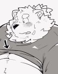  anthro belly blush bust_portrait canid canine canis clothing domestic_dog eyebrows kumazawow lifewonders live_a_hero male mammal nordic_sled_dog overweight portrait rolled_up_shirt samoyed shirt solo spitz t-shirt thick_eyebrows topknot topwear yohack 
