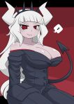  1girl bare_shoulders berun_(zakeruga1zakeru) breasts demon demon_horns demon_tail helltaker highres horns lucifer_(helltaker) mole mole_under_eye office_lady red_eyes solo tail white_hair white_horns 