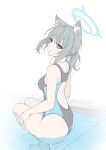  1girl animal_ear_fluff animal_ears ass back back_cutout bare_legs barefoot black_one-piece_swimsuit blue_archive blue_eyes blush breasts clothing_cutout commentary competition_swimsuit cross cross_hair_ornament extra_ears flat_color grey_hair hair_ornament halo highres inverted_cross low_ponytail masabodo medium_breasts medium_hair mismatched_pupils official_alternate_costume one-piece_swimsuit ponytail shiroko_(blue_archive) shiroko_(swimsuit)_(blue_archive) sidelocks simple_background soles solo swimsuit symbol-only_commentary wolf_ears 
