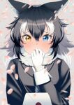  1girl absurdres animal_ears arfox10 black_hair blue_eyes breast_pocket cherry_blossoms commentary_request confession covering_mouth envelope extra_ears eyes_visible_through_hair fur_collar furrowed_brow gloves grey_background grey_wolf_(kemono_friends) hair_between_eyes hand_over_own_mouth hand_to_own_mouth hand_up heterochromia highres jacket kemono_friends letter long_hair long_sleeves looking_at_viewer multicolored_hair necktie open_mouth parted_bangs petals plaid_necktie pleated_sleeves pocket pov sidelocks signature simple_background solo upper_body white_gloves white_hair wolf_ears wolf_girl yellow_eyes 