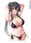  1girl alternate_costume armpits arms_behind_head arms_up bikini black_bikini black_hair blush breasts brown_eyes cleavage cowboy_shot ebifurya highres kantai_collection large_breasts long_hair looking_at_viewer navel open_mouth ponytail side-tie_bikini_bottom skindentation smile solo stomach sweat swimsuit twitter_username white_background yahagi_(kancolle) 