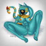 1_eye anthro areola big_breasts blue_body blue_fur blue_hair breasts clothing domestic_cat egyptian egyptian_clothing felid feline felis female fur genitals gold_(metal) hair hi_res jewelry mammal mouthless navel nipples nyanlathotep_(sucker_for_love) otorize pinup pose pussy ribbons sexy_eyes simple_background solo swimwear tail white_background yellow_eyes yellow_nipples 