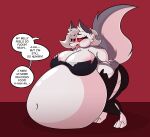  absurd_res anthro arizone belly belly_expansion big_breasts big_butt blush bottomwear breast_expansion breasts butt canid canid_demon clothing collar crumbs demon dialogue expansion female fur hellhound helluva_boss hi_res huge_belly legwear loona_(helluva_boss) mammal open_mouth overweight overweight_female red_eyes simple_background solo speech_bubble spiked_collar spikes tongue tongue_out topwear torn_bottomwear torn_clothing torn_legwear torn_topwear weight_gain white_body white_fur 