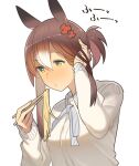  1girl animal_ears ashinowoto blowing_on_food breasts brown_hair chopsticks clover_hair_ornament collared_shirt fine_motion_(umamusume) food green_eyes hair_ornament hand_in_own_hair highres holding holding_chopsticks horse_ears long_hair long_sleeves multicolored_hair noodles shirt small_breasts solo two-tone_hair umamusume upper_body white_background 