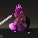  2023 ambiguous_gender anthro canid canine clothed clothing duo female feral fox foxenawolf fur gradient_background hair lightsaber mammal melee_weapon pink_hair porg simple_background star_wars tail weapon 