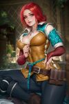  1girl belt belt_pouch black_pants blurry blurry_background breasts bridal_gauntlets brown_belt brown_vest cleavage english_commentary freckles green_eyes highres jewelry mixed-language_commentary necklace neoartcore paid_reward_available pants patreon_username plant pouch red_hair shirt solo thai_commentary the_witcher_(series) the_witcher_3 triss_merigold vest watermark white_shirt 