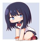  1girl all_fours black_footwear black_hair black_shirt black_skirt blue_eyes blush bow breasts chibi closed_mouth collared_shirt commentary_request full_body grey_background gridman_universe hana_kazari highres leaning_forward long_hair orange_scrunchie pleated_skirt red_bow red_socks scrunchie shirt shoes short_sleeves skirt small_breasts socks solo ssss.gridman sweater_vest takarada_rikka two-tone_background white_background wrist_scrunchie 