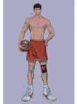  1boy abs absurdres ball basketball_(object) bishounen black_eyes brown_hair full_body grey_background hand_on_own_hip highres holding holding_ball knee_brace korean_text looking_at_viewer male_focus mitsui_hisashi nipples og_man pectorals pout red_shorts short_hair shorts slam_dunk_(series) socks solo straight-on toned toned_male topless_male translation_request white_sneakers white_socks 
