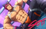  1boy abs bandaid bandaid_on_face bandaid_on_nose bara black_gloves black_pants bulge character_name erection erection_under_clothes gloves hat heartsteel_(league_of_legends) heartsteel_sett highres jewelry kuroshinki large_pectorals league_of_legends male_focus male_underwear muscular muscular_male navel necklace nipples open_pants orange_male_underwear paid_reward_available pants pectorals pink_hair sett_(league_of_legends) short_hair sitting solo tank_top underwear white_tank_top 