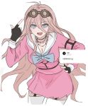  1girl :d antenna_hair barbed_wire black_choker blue_bow blue_bowtie bow bowtie breasts choker collarbone danganronpa_(series) danganronpa_v3:_killing_harmony fang finger_gun fingerless_gloves gloves hair_between_eyes hand_on_own_hip hand_up highres iruma_miu large_breasts leaning_forward long_hair long_sleeves miniskirt o-ring open_mouth pink_eyes pink_shirt pink_skirt sailor_collar shirt simple_background skirt smile solo teeth thighhighs translation_request ujuui_msmz upper_teeth_only white_background white_sailor_collar white_thighhighs 