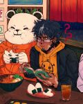  1other 2boys ? ?? alcohol bear beer bepo black_hair black_jacket bugsinmyhoney closed_eyes coat earrings egg egg_(food) facial_hair finger_tattoo food fur_coat goatee highres holding hood hoodie ice ice_cube jacket jewelry looking_at_viewer male_focus multiple_boys noodles one_piece onigiri open_clothes orange_jacket panther_print polar_bear short_hair signature smile tattoo trafalgar_law udon yellow_hoodie 