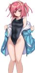  1girl b4_(yonten) bare_legs bare_shoulders black_one-piece_swimsuit blue_jacket breasts closed_mouth collarbone competition_swimsuit covered_navel doki_doki_literature_club feet_out_of_frame highres jacket long_sleeves looking_at_viewer natsuki_(doki_doki_literature_club) off_shoulder one-piece_swimsuit open_clothes open_jacket pink_eyes pink_hair short_hair simple_background small_breasts solo standing swept_bangs swimsuit two_side_up v-shaped_eyebrows white_background 