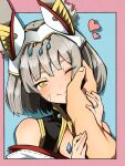  1boy 1girl animal_ears blush border cat_ears chest_jewel ear_covers facial_mark grey_hair hand_on_another&#039;s_face head_tilt highena highres holding_another&#039;s_arm jewelry nia_(xenoblade) one_eye_closed pink_border pov rex_(xenoblade) ring short_hair smile upper_body whisker_markings xenoblade_chronicles_(series) xenoblade_chronicles_3 yellow_eyes 