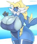  2023 absurd_res adjusting_clothing adjusting_swimsuit anthro armor big_breasts blue_body blush breasts claws clothing curvy_figure digital_drawing_(artwork) digital_media_(artwork) eyelashes female fin generation_5_pokemon glistening hair hand_between_legs headgear helmet hi_res horn huge_breasts legwear looking_at_viewer multicolored_body narrowed_eyes nintendo nipple_outline one-piece_swimsuit pokemon pokemon_(species) portrait red_eyes saasmimz samurott simple_background solo standing swimwear tail tail_fin thick_thighs three-quarter_portrait tight_clothing tights two_tone_body voluptuous wet white_hair wide_hips 