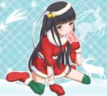  1girl bell black_hair blue_background blue_eyes blush boots christmas closed_mouth commentary_request deer dot_nose dress full_body fur-trimmed_boots fur-trimmed_dress fur-trimmed_footwear fur-trimmed_gloves fur_trim gloves green_thighhighs hair_bell hair_ornament hime_cut himegami_aisa long_hair looking_at_viewer merry_christmas red_dress red_footwear red_gloves santa_boots santa_dress shin_(highest1192) short_sleeves sidelocks sitting smile snowflakes solo star_(symbol) thighhighs thighs toaru_majutsu_no_index very_long_hair wariza 