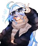  1girl absurdres ahoge alternate_costume blue_eyes blue_hair bomber_jacket drop-shaped_pupils furina_(genshin_impact) genshin_impact hair_between_eyes highres jacket li_nauu light_blue_hair long_sleeves looking_at_viewer multicolored_hair open_mouth scarf simple_background solo white_hair 