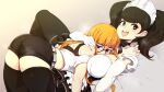  2girls :d absurdres black_eyes black_hair breasts commentary english_commentary highres kawakami_sadayo large_breasts long_hair looking_at_viewer maid maid_headdress multiple_girls orange_hair persona persona_5 sakura_futaba short_hair slugbox smile sparkling_eyes thighhighs yuri 