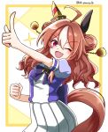  1girl absurdres ahoge animal_ears ask_yourself clenched_hand copano_rickey_(umamusume) double_bun fang hair_between_eyes hair_bun hair_ornament highres horse_ears horse_girl long_hair looking_at_viewer one_eye_closed open_mouth pointing red_eyes school_uniform simple_background solo tracen_school_uniform twitter_username umamusume 