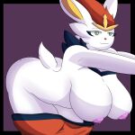  anthro areola big_breasts breasts butt cinderace digital_media_(artwork) fangedotter female fur generation_8_pokemon hi_res lagomorph leporid looking_at_viewer mammal nintendo nipples nude pokemon pokemon_(species) simple_background smile solo white_body white_fur 