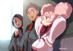  1boy 2girls afro_puffs arms_behind_head arms_up black_hair blue_eyes blue_hair blurry blurry_background blush brown_eyes brown_hair chuatury_panlunch day depth_of_field double_bun grey_jacket gundam gundam_suisei_no_majo hair_bun hand_up highres indoors jacket long_sleeves multicolored_hair multiple_girls nika_nanaura ojelo_gabel open_mouth parted_bangs pink_hair puffy_long_sleeves puffy_sleeves purple_eyes sunlight two-tone_hair white_jacket window yuuzii 