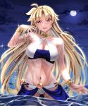  1girl :d ass_visible_through_thighs bikini blonde_hair bracelet breasts cleavage collarbone criss-cross_halter fate_testarossa floating_hair halterneck hand_in_own_hair highres jewelry large_breasts long_hair looking_at_viewer lyrical_nanoha mahou_shoujo_lyrical_nanoha_strikers moon navel night open_mouth red_eyes sky smile solo sougetsu_izuki star_(sky) starry_sky swimsuit thigh_gap very_long_hair wading white_bikini 
