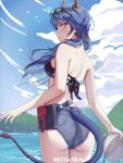  1girl arknights ass bare_arms bare_back bare_shoulders blue_hair blue_shorts blue_sky ch&#039;en_(arknights) ch&#039;en_the_holungday_(arknights) cloud commentary_request cowboy_shot day dragon_horns dragon_tail eyewear_on_head hat hat_removed headwear_removed highres holding holding_clothes holding_hat horns ivana_anemon long_hair looking_at_viewer red_eyes short_shorts shorts sky solo standing sunglasses tail thighs 