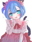  1boy absurdres animal_ears blue_eyes blue_hair blush bow cat_boy cat_ears cat_tail center-flap_bangs child dress fang flying_sweatdrops frilled_dress frills highres looking_at_viewer made_in_abyss maid maruruk one_side_up otoko_no_ko paw_pose pink_bow pink_dress sekaineko_001 short_hair shy solo tail upper_body white_background 