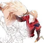  1boy bird black_gloves blonde_hair blue_eyes chocobo closed_mouth final_fantasy final_fantasy_xvi food from_above gloves hair_between_eyes holding holding_food holding_vegetable joshua_rosfield light_smile male_focus medium_hair multiple_views nuoi407 red_scarf scarf sketch upper_body vegetable white_background 